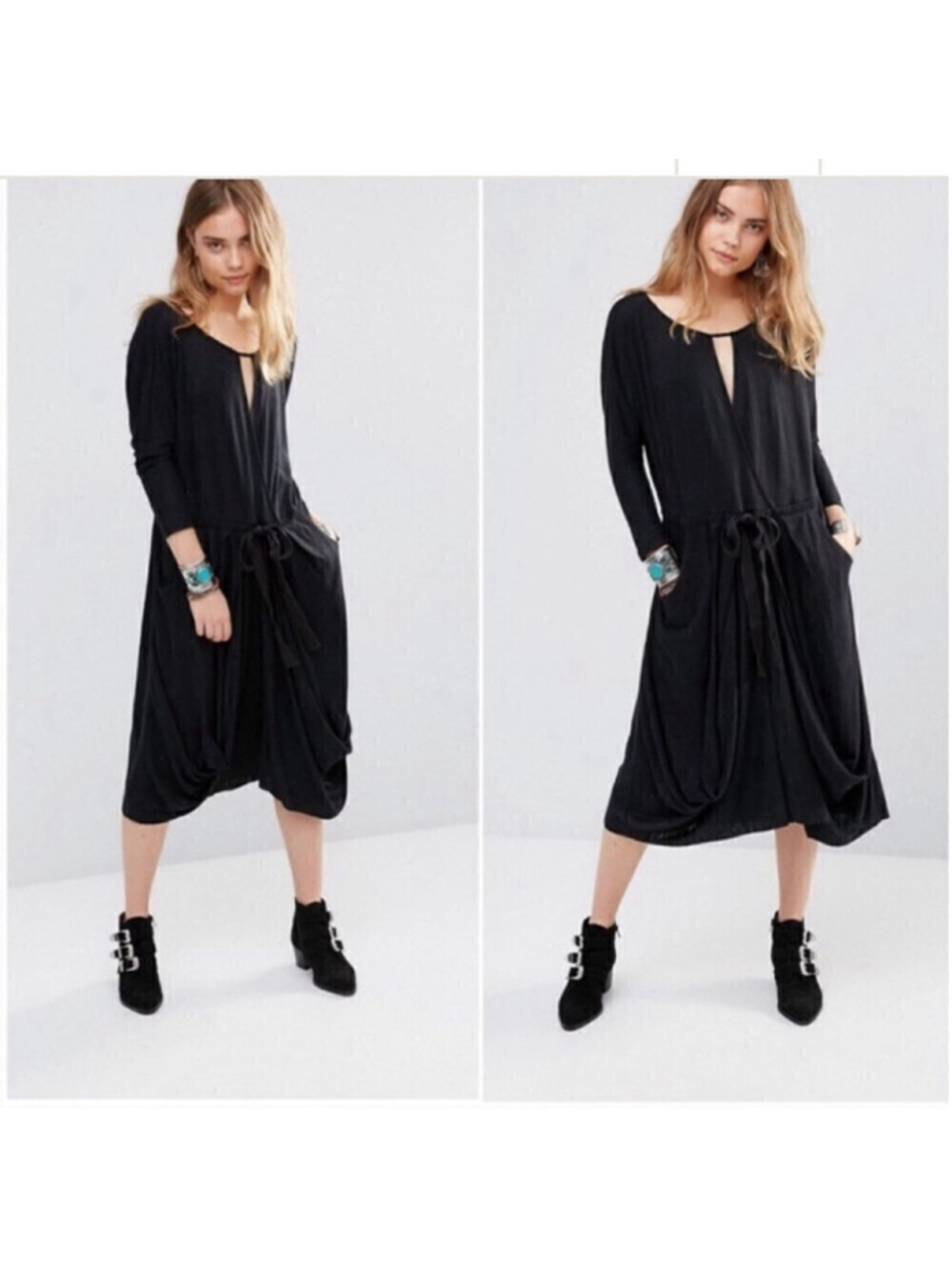 FREE People Easy Squeeze Black Linen Blend dress dark academia lagenlook sz xs